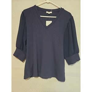 Design History Womens XL‎ Ribbed Dark Blue Sweater Sheer Short Sleeves Vneck NWT